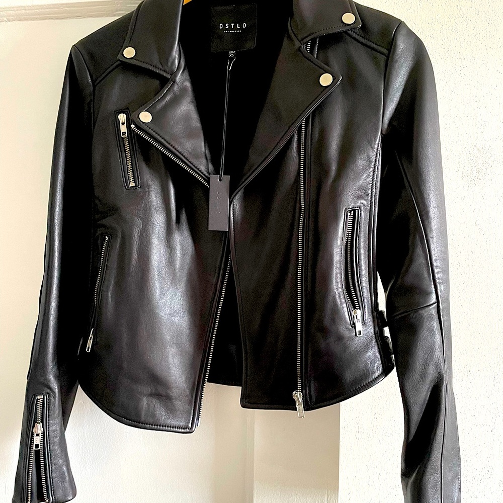 DSTLD Women’s Leather Moto Jacket, Silver Hardware